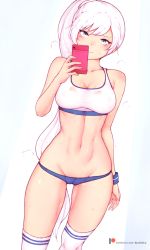 Rule 34 | 1girl, abs, artist name, bare shoulders, blue eyes, blue shorts, bluefield, blush, bra, breasts, cameltoe, cellphone, cleavage, cleft of venus, covered erect nipples, groin, highres, long hair, looking at viewer, medium breasts, micro shorts, navel, phone, revealing clothes, rwby, scar, scar across eye, scar on face, selfie, shiny skin, shorts, side ponytail, solo, sports bra, standing, stomach, sweat, sweatband, thighhighs, toned, underwear, very long hair, weiss schnee, white bra, white hair, white thighhighs