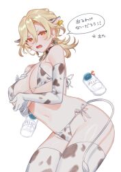 Rule 34 | 1girl, absurdres, animal ears, animal print, bikini, blonde hair, blush, cow ears, cow girl, cow print, cow print bikini, cow tail, crow 3434, crying, crying with eyes open, embarrassed, extra ears, genderswap, genderswap (mtf), genshin impact, gloves, highres, kaveh (genshin impact), medium hair, print bikini, red eyes, solo, swimsuit, tail, tears, thick thighs, thighhighs, thighs, translation request, white gloves