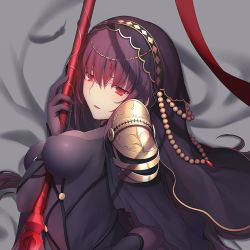 Rule 34 | 1girl, armor, bed sheet, between breasts, bodysuit, breasts, breasts apart, brown hair, covered erect nipples, fate/grand order, fate (series), gae bolg (fate), hair between eyes, holding, holding weapon, jewelry, long hair, lying, medium breasts, on side, open mouth, red eyes, scathach (fate), scathach (fate), shoulder armor, solo, pauldrons, upper body, utdream, veil, weapon