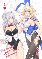 Rule 34 | 2girls, ace (playing card), ace of hearts, adapted costume, animal ears, beret, black legwear, black leotard, blonde hair, blue eyes, blue neckwear, braid, breasts, capelet, card, card (medium), cleavage, colorado (kancolle), commentary request, cowboy shot, detached collar, epaulettes, fake animal ears, hat, heart, highres, kantai collection, kashima (kancolle), leotard, long sleeves, looking at viewer, medium breasts, milestone celebration, multiple girls, neckerchief, necktie, pantyhose, playboy bunny, playing card, rabbit ears, red neckwear, short hair, shrug (clothing), side braids, sidelocks, silver hair, star (symbol), starry background, strapless, strapless leotard, takase asagiri, thigh gap, twintails, wavy hair, white background, white headwear, white leotard, wrist cuffs