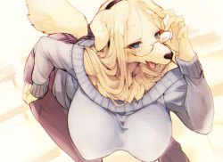 Rule 34 | 1girl, blonde hair, blue eyes, breasts, dog, covered erect nipples, furry, glasses, huge breasts, kishibe, large breasts, long hair, open mouth, sagging breasts