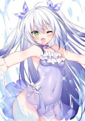 Rule 34 | 0 0, 1girl, ;d, bare arms, bare shoulders, blue choker, blush, bow, breasts, choker, collarbone, commission, covered navel, fang, flower knight girl, frilled one-piece swimsuit, frills, green eyes, grey hair, groin, hair between eyes, hair ribbon, highres, long hair, looking at viewer, one-piece swimsuit, one eye closed, open mouth, pixiv commission, plaid, plaid ribbon, purple one-piece swimsuit, ribbon, sacraneco, scilla (flower knight girl), see-through, simple background, small breasts, smile, solo, swimsuit, two side up, unmoving pattern, very long hair, water, white background, white bow