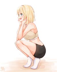 Rule 34 | 1girl, :d, absurdres, bike shorts, blonde hair, blue eyes, commentary, english commentary, head rest, highres, hololive, hololive english, ma draws, medium hair, midriff, open mouth, simple background, smile, socks, solo, sports bra, squatting, sweat, virtual youtuber, watson amelia, white background, white socks