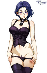 Rule 34 | 1girl, artist name, bare shoulders, belt, black panties, blue hair, blush, bodice, breasts, choker, cleavage, collarbone, corset, curvy, dated, female focus, female pubic hair, fire emblem, fire emblem: three houses, hair behind ear, hair between eyes, hand on own hip, large breasts, looking at viewer, medium breasts, mina cream, navel, nintendo, panties, pants, partially undressed, pubic hair, pulled by self, purple eyes, shamir nevrand, short hair, simple background, solo, stomach, thighhighs, thighs, underwear, white background