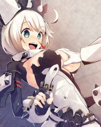 Rule 34 | 1girl, :d, ahoge, arc system works, arm guards, arm strap, armor, belt buckle, black gloves, blood, blue eyes, blush, bob cut, bracelet, grabbing another&#039;s breast, breasts, buckle, cleavage, collar, crown, deep skin, detached sleeves, dress, elphelt valentine, eyebrows, fingerless gloves, fingernails, gloves, grabbing, green eyes, guilty gear, guilty gear xrd, guilty gear xrd: revelator, hat, heart, heart-shaped pupils, highres, jewelry, large breasts, long fingernails, long sleeves, looking at another, looking down, nosebleed, open mouth, out of frame, sharp fingernails, short hair, smile, solo focus, spiked bracelet, spiked collar, spikes, spoilers, strapless, symbol-shaped pupils, teeth, upper body, white gloves, white hair, yamacchi