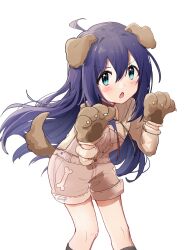 Rule 34 | 1girl, absurdres, ahoge, animal ears, animal hands, black socks, blush, bone print, breasts, brown shirt, choker, dog ears, dog paws, dog tail, fake animal ears, fake tail, fang, green eyes, hair between eyes, hands up, highres, idolmaster, idolmaster million live!, idolmaster million live! theater days, long hair, long sleeves, looking at viewer, mochizuki anna, nnnn, open mouth, overalls, pigeon-toed, pink overalls, print overalls, purple hair, red choker, shirt, simple background, skin fang, small breasts, socks, solo, standing, tail, v-shaped eyebrows, white background