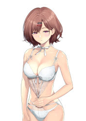 Rule 34 | 1girl, absurdres, alternate costume, beida53878791, blush, bra, breasts, brown hair, choker, cleavage, commentary, cowboy shot, floral print, hair between eyes, hair ornament, hairclip, highres, higuchi madoka, idolmaster, idolmaster shiny colors, lace, lace-trimmed bra, lace-trimmed panties, lace trim, lingerie, lips, looking at viewer, medium breasts, mole, mole under eye, nail polish, panties, parted bangs, parted lips, print bra, print panties, purple eyes, short hair, simple background, solo, underwear, underwear only, white background, white bra, white choker, white nails, white panties