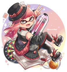 Rule 34 | 1girl, ball, blue eyes, blunt bangs, blush, bowling ball, bowling pin, card, highres, inkling, inkling girl, inkling player character, looking at viewer, nintendo, off shoulder, open mouth, pink hair, playing card, pointy ears, shina shina, solo, splatoon (series), splatoon 2, tentacle hair, v