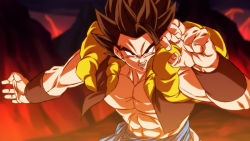 Rule 34 | 1boy, abs, black eyes, black hair, blue sash, dragon ball, dragon ball super, dragon ball super broly, fighting stance, gogeta, looking at viewer, male focus, metamoran vest, open mouth, paid reward available, pectorals, rom (20), sash, solo