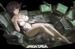 Rule 34 | 1girl, bare legs, bare shoulders, barefoot, breasts, cleavage, cockpit, copyright name, elaine (iron saga), feet, glass, highres, iron saga, keyboard (computer), large breasts, leotard, monitor, official art, purple eyes, red eyes, sitting, solo