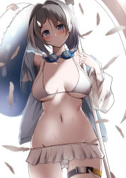 Rule 34 | 1girl, absurdres, arknights, bare shoulders, bikini, bikini skirt, blush, breasts, commentary request, cowboy shot, feathers, goggles, goggles around neck, grey hair, groin, hair intakes, highres, holding, holding swim ring, innertube, jacket, kokihanada, la pluma (arknights), la pluma (summer flowers) (arknights), large breasts, long sleeves, looking at viewer, microskirt, navel, off shoulder, open clothes, open jacket, partial commentary, purple eyes, short hair, simple background, skirt, solo, standing, stomach, swim ring, swimsuit, thigh strap, white background, white skirt