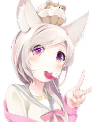 Rule 34 | 1girl, nanashi inc., animal, animal ear fluff, animal ears, animal on head, animare, blush, bow, breasts, candy, cardigan, food, food in mouth, grey hair, grey sailor collar, hand up, lollipop, long hair, long sleeves, looking at viewer, medium breasts, mouth hold, off shoulder, on head, open cardigan, open clothes, pink bow, pink cardigan, purple eyes, sailor collar, sch, shiromiya mimi, shirt, simple background, solo, swept bangs, upper body, v, virtual youtuber, white background, white shirt
