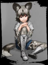 Rule 34 | 10s, african wild dog (kemono friends), animal ears, baten (gei-vorugu), black hair, boots, brown eyes, camouflage, commentary request, cross-laced footwear, grey background, grey hair, grey pantyhose, hands on own knee, kemono friends, lace-up boots, long sleeves, looking at viewer, multicolored hair, pantyhose, shorts, sitting, smile, solo, tail, two-tone hair