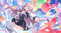 Rule 34 | 1girl, absurdres, ahoge, animal ears, ass, balloon, bare shoulders, black skirt, blue eyes, blue sky, bow, breasts, cloud, cloudy sky, floating hair, hair ornament, hairclip, hand up, highres, holding, holding balloon, indie virtual youtuber, kure~pu, long hair, long sleeves, looking at viewer, maid headdress, medium breasts, multicolored hair, open mouth, pink bow, pink hair, rabbit ears, rabbit hair ornament, sakuragi meu, shirt, sidelocks, skirt, sky, smile, solo, streaked hair, thighhighs, two side up, virtual youtuber, white shirt, white thighhighs