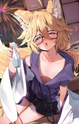 Rule 34 | 1girl, aerial fireworks, animal ears, arm support, black-framed eyewear, black shorts, blonde hair, blurry, blurry background, blush, breasts, collarbone, commentary request, commission, depth of field, downblouse, fireworks, fox ears, fox girl, fox tail, glasses, hair between eyes, highres, indoors, long hair, long sleeves, looking at viewer, no bra, nose blush, nyahu (nyahu 77), original, purple shirt, red eyes, ribbon-trimmed sleeves, ribbon trim, shirt, short shorts, short sleeves, shorts, sitting, skeb commission, small breasts, solo, tail, tokkuri, wide sleeves