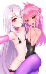 Rule 34 | 2girls, absurdres, artist request, ass, bikini, black bikini, black frills, black leotard, blowing kiss, blush, breastless clothes, breasts, chloe von einzbern, collar, collarbone, covered navel, cunnilingus gesture, elbow gloves, fate/grand order, fate/kaleid liner prisma illya, fate (series), fingernails, frilled legwear, frills, gloves, gradient hair, hair between eyes, highres, illyasviel von einzbern, leotard, long hair, looking at viewer, micro bikini, multicolored hair, multiple girls, nail polish, navel, one eye closed, one side up, orange eyes, outstretched arm, pantyhose, pasties, pink gloves, pink hair, pink legwear, pink nails, purple collar, purple legwear, red eyes, red hair, shiny clothes, shiny skin, simple background, small breasts, star (symbol), star pasties, swimsuit, teeth, tongue, tongue out, two-tone hair, v, very long hair, white background, white hair