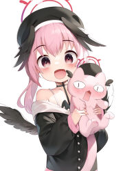 Rule 34 | 1girl, absurdres, animal, animalization, beret, black hat, black jacket, black shirt, black wings, blue archive, blush, cat, chinese commentary, collarbone, commentary request, feathered wings, halo, happy, hat, head wings, highres, holding, holding animal, holding cat, jacket, koharu (blue archive), long hair, looking at viewer, off shoulder, open mouth, pink cat, pink eyes, pink hair, pink halo, pink skirt, sakutaishi, shirt, simple background, skirt, sleeves past wrists, smile, solo, spaghetti strap, toes, twintails, upper body, white background, winged hat, wings, x anus