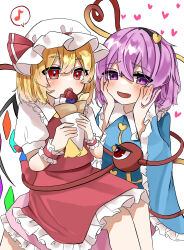 Rule 34 | 2girls, :d, :o, ascot, black hairband, blonde hair, blush, buttons, commentary, crepe, crossed bangs, crystal, double-parted bangs, eyes visible through hair, fang, feet out of frame, flandre scarlet, food, frilled shirt collar, frilled skirt, frilled sleeves, frilled wrist cuffs, frills, hair between eyes, hair ornament, hairband, hands on own cheeks, hands on own face, hands up, hat, hat ribbon, heart, heart button, heart hair ornament, heart of string, highres, holding, holding food, izumi no yasushi aya, komeiji satori, long sleeves, looking at another, lovestruck, mob cap, multiple girls, musical note, open mouth, puffy short sleeves, puffy sleeves, purple eyes, purple hair, red eyes, red ribbon, red skirt, red vest, red wrist cuffs, ribbon, shirt, short hair, short sleeves, signature, simple background, sitting, sitting on lap, sitting on person, skin fang, skirt, smile, spoken musical note, teeth, third eye, touhou, upper teeth only, vest, white background, white headwear, white shirt, wide sleeves, wings, wrist cuffs, yellow ascot