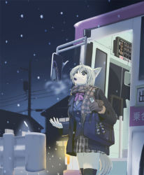 Rule 34 | 1girl, bag, bird, breath, bus, cellphone, dark, dog, female focus, furry, furry female, house, looking up, motor vehicle, open mouth, outdoors, penguin, phone, ribbon, scarf, school uniform, skirt, sky, snow, snowflakes, solo, tail, vehicle, winter, yosukemo