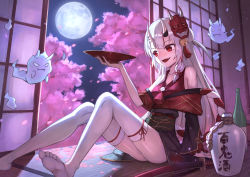 Rule 34 | 1girl, :d, absurdres, arm support, bare shoulders, bell, black skirt, commentary request, cup, eyebrows hidden by hair, fang, flower, full moon, gold trim, hair bell, hair ornament, hand up, highres, holding, holding cup, hololive, horns, indoors, japanese clothes, kimono, kouhaku nawa, long hair, long sleeves, masaki (msk064), mask, mask on head, moon, multicolored hair, nakiri ayame, nakiri ayame (1st costume), night, night sky, obi, off shoulder, oni, oni mask, open mouth, petals, pink flower, red eyes, red hair, red kimono, rope, sakazuki, sash, shimenawa, sitting, skin-covered horns, skirt, sky, smile, solo, spirit, streaked hair, thighhighs, very long hair, virtual youtuber, white hair, white thighhighs, wide sleeves
