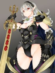 Rule 34 | 1girl, armor, armored leotard, ashita yaru, black armor, black hair, black leotard, black thighhighs, breasts, cleavage, closed mouth, corrin (female) (fire emblem), corrin (female) (nohr noble) (fire emblem), corrin (fire emblem), fire emblem, fire emblem fates, hairband, holding, holding sword, holding weapon, leotard, long hair, nintendo, no panties, official alternate costume, pointy ears, red eyes, revealing clothes, simple background, solo, sword, thick thighs, thighhighs, thighs, weapon, white hair, yato (fire emblem)