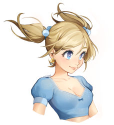 Rule 34 | 1girl, animification, artist name, blonde hair, blue shirt, breasts, bubbles (ppg), cleavage, crop top, cropped torso, earrings, floating hair, hair behind ear, highres, jewelry, juliet sleeves, long sleeves, medium breasts, medium hair, powerpuff girls, puffy sleeves, shirt, smile, solo, syertse, twintails, upper body, white background