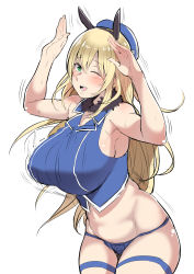 Rule 34 | 1girl, ;d, absurdres, armpits, atago (kancolle), beret, blonde hair, blue panties, blush, body blush, bouncing breasts, breasts, collarbone, collarbone visible through hair, commentary request, covered erect nipples, cowboy shot, ears visible through hair, fur collar, green eyes, hair between eyes, hands up, hat, highres, huge breasts, kantai collection, kayumidome, legs together, long hair, looking at viewer, military, military uniform, no navel, one eye closed, open mouth, panties, sagging breasts, simple background, smile, solo, sweat, underwear, uniform, white background