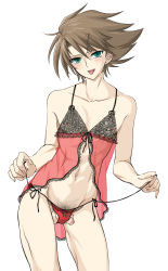 Rule 34 | 10s, 1boy, body hair, brown hair, cardfight!! vanguard, flaccid, green eyes, highres, kai toshiki, lingerie, looking at viewer, male focus, muscular, penis, smile, solo, tagme, testicles, tongue, tongue out, underwear, undressing, untying