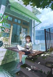 Rule 34 | 1girl, absurdres, aspara, bandaid, bandaid on knee, bandaid on leg, bird, bird seed, black skirt, black socks, breasts, bridge, broom, brown eyes, brown hair, building, canal, cloud, cup, dappled sunlight, day, expressionless, green theme, highres, holding, holding newspaper, house, jacket, light rays, long hair, long sleeves, medium breasts, newspaper, original, outdoors, plant, potted plant, railing, reading, shirt, shoes, sitting, skirt, sneakers, socks, solo, stairs, stone stairs, stool, striped clothes, striped jacket, sunbeam, sunlight, teacup, teapot, tree, water, white shirt, window