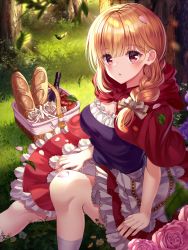 Rule 34 | 1girl, :o, apple, apron, bad id, bad pixiv id, baguette, basket, blonde hair, blue shirt, bottle, bow, braid, bread, breasts, capelet, commentary request, day, ecu8080, fingernails, flower, food, fruit, grass, hair between eyes, hair bow, hair over shoulder, highres, hood, hood up, hooded capelet, knee up, kneehighs, looking at viewer, medium breasts, nail polish, on grass, original, outdoors, parted lips, picnic basket, pink flower, pink nails, pink rose, plaid, plaid bow, pleated skirt, red apple, red capelet, red eyes, red skirt, rose, shirt, single braid, sitting, skirt, socks, solo, tree, waist apron, white apron, white bow, white flower, white rose, white socks, yellow flower