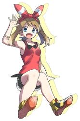 Rule 34 | 1girl, :d, arm up, bad id, bad twitter id, bike shorts, black shorts, blue eyes, bow, brown hair, collarbone, creatures (company), full body, game freak, hair bow, hairband, invisible chair, long hair, looking at viewer, may (pokemon), nintendo, open mouth, pokemon, pokemon oras, red hairband, red shirt, shirt, shoes, short shorts, shorts, shorts under shorts, simple background, sitting, sketch, sleeveless, sleeveless shirt, smile, sneakers, solo, striped, striped bow, twintails, white background, white shorts, yuihico