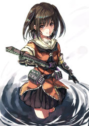 Rule 34 | 10s, 1girl, aircraft catapult, belt, brown eyes, brown hair, dress, elbow gloves, gloves, kantai collection, kotarou (rakugaki shirushi), looking at viewer, neckerchief, partially submerged, pleated skirt, sailor collar, sendai (kancolle), short hair, simple background, skirt, smile, solo, standing, wading, water