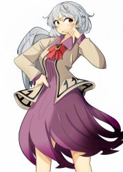 Rule 34 | 1girl, absurdres, bow, bowtie, closed mouth, commentary, dress, english commentary, feet out of frame, grey hair, grey wings, highres, jacket, kishin sagume, looking at viewer, purple dress, red bow, red bowtie, red eyes, short hair, simple background, single wing, smile, solo, spam (spamham4506), standing, touhou, white background, wings