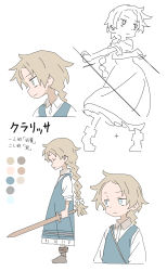 Rule 34 | 1girl, absurdres, blonde hair, blue eyes, braid, character name, character sheet, child, color guide, dress, closed eyes, female focus, from side, highres, holding, holding sword, holding weapon, jitome, masikakuma, original, partially colored, profile, serious, simple background, single braid, solo, standing, sword, weapon, white background, wooden sword