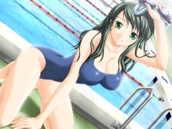 Rule 34 | 1girl, arm support, breasts, cleavage, covered erect nipples, dutch angle, game cg, goggles, unworn goggles, green eyes, green hair, impossible clothes, impossible swimsuit, joshiryou joku ~ryouke bijin shimai odorigui~, kneeling, lane line, large breasts, long hair, lugosi ela, matching hair/eyes, non-web source, one-piece swimsuit, pool, pool ladder, poolside, school swimsuit, solo, source request, swim cap, swimsuit, takanashi mizuho, water