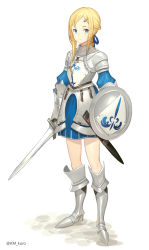 Rule 34 | 1girl, armor, armored boots, armored dress, blonde hair, blue dress, blue eyes, blue ribbon, boots, braid, buckle, closed mouth, commentary request, dress, full body, gauntlets, hair ornament, hair ribbon, hairclip, highres, holding, holding shield, holding sword, holding weapon, km yama, knee boots, light smile, looking at viewer, original, plate armor, ribbon, sheath, shield, sidelocks, simple background, single braid, solo, standing, sword, twitter username, unsheathed, weapon, white background