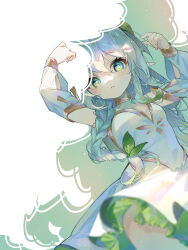 Rule 34 | 1girl, absurdres, alternate costume, alternate hairstyle, arms up, colored tips, cowboy shot, cross-shaped pupils, detached sleeves, dress, genshin impact, green eyes, grey hair, hands up, highres, light particles, long hair, looking at viewer, low-braided long hair, low-tied long hair, multicolored hair, nahida (genshin impact), oriori 0201, parted lips, pointy ears, sidelocks, solo, symbol-shaped pupils, white background, white dress, white sleeves