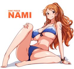 Rule 34 | 1girl, artist request, ass, bare shoulders, barefoot, bikini, blue bikini, blush, breasts, brown eyes, cleavage, curvy, feet, female focus, full body, hand on own knee, hip focus, large breasts, legs, long hair, looking at viewer, nami (one piece), nami (one piece) (post-timeskip), navel, nipples, one piece, orange hair, ponytail, shiny skin, simple background, sitting, smile, spread legs, stomach, swimsuit, tattoo, thick thighs, thighs, thong, thong bikini, tongue, tongue out, underboob, very long hair, white background