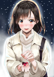 Rule 34 | 1girl, bag, black hair, blush, box, brown eyes, coat, gift, hands up, heart-shaped box, holding, holding gift, kinugasa yuuichi, lips, looking at viewer, open clothes, open coat, open mouth, original, outdoors, shoulder bag, smile, snow, solo, sweater, turtleneck, turtleneck sweater, upper body, valentine, white sweater