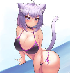 Rule 34 | 1girl, absurdres, ahoge, animal ear fluff, animal ears, arm support, bare shoulders, bikini, blush, breasts, cat ears, cat girl, cat tail, choker, cleavage, closed mouth, collarbone, cowboy shot, crossed bangs, gypsophila, highres, hololive, large breasts, leaning forward, looking at viewer, medium hair, nekomata okayu, sidelocks, solo, standing, swimsuit, tail, thighs, virtual youtuber