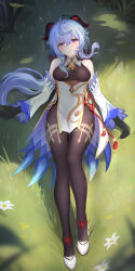 Rule 34 | 1girl, absurdres, ahoge, bare shoulders, black gloves, blue hair, breasts, commentary, detached sleeves, fangai-anmian, ganyu (genshin impact), genshin impact, gloves, grass, high-waist skirt, highres, horns, long hair, long sleeves, looking at viewer, lying, medium breasts, on back, parted lips, purple eyes, shoes, skirt, solo, very long hair, white footwear, white skirt