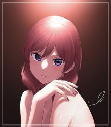 Rule 34 | 1girl, absurdres, brown background, collarbone, completely nude, framed, hair between eyes, highres, long hair, looking at viewer, love live!, love live! school idol project, nail polish, nishikino maki, nude, parted lips, purple eyes, red hair, red nails, s sho mkrn, solo, straight hair, upper body