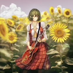 Rule 34 | 1girl, ascot, black pantyhose, blouse, breasts, cleavage, cloud, collarbone, cowboy shot, day, electric guitar, flower, green hair, guitar, highres, instrument, jewelry, kazami yuuka, kikimifukuri, looking at viewer, medium breasts, necklace, one eye closed, outdoors, pantyhose, plaid, plaid skirt, plaid vest, red eyes, red skirt, shirt, short hair, skirt, sleeves rolled up, smile, solo, standing, sunflower, touhou, vest, white shirt
