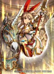 Rule 34 | 1girl, ahoge, armor, boots, bow, braid, brown hair, company name, emma (fire emblem), feathered wings, fire emblem, fire emblem cipher, gloves, i-la, lance, long hair, official art, orange eyes, pegasus, pegasus knight uniform (fire emblem), polearm, ponytail, smile, spear, statue, thigh boots, thighhighs, weapon, wings, zettai ryouiki