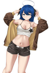 Rule 34 | 1girl, absurdres, arknights, bare shoulders, black shorts, blue eyes, blue hair, breasts, brown jacket, camisole, casperrin, cleavage, commentary, cowboy shot, crop top, halo, hands up, highres, horns, jacket, large breasts, long hair, looking at viewer, midriff, mostima (arknights), navel, off shoulder, official alternate costume, open clothes, open jacket, short shorts, shorts, simple background, smile, solo, spaghetti strap, standing, star (symbol), star print, stomach, thighs, white background