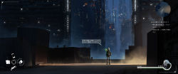 Rule 34 | 1girl, 3others, absurdres, asteroid ill, bad id, bad twitter id, black jacket, black shorts, black thighhighs, boots, building, city, city lights, cityscape, commentary, container, cyberpunk, expressionless, fake screenshot, fog, gameplay mechanics, glowing, glowing eyes, green eyes, gun, hair between eyes, heads-up display, health bar, highres, holding, holding gun, holding weapon, hood, iz (asteroid ill), jacket, knee boots, long hair, long sleeves, multiple others, neon trim, night, open clothes, open jacket, original, outdoors, science fiction, shadow, shipping container, shirt, shorts, skyscraper, solo focus, speech bubble, standing, thighhighs, translation request, user interface, weapon, white hair, white shirt, wide shot
