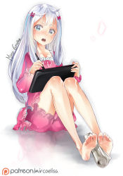 Rule 34 | 10s, 1girl, :o, barefoot, blue eyes, blush, bow, breasts, cintiq, collarbone, drawing, eromanga sensei, feet, feet on toy, holding with feet, highres, izumi sagiri, long hair, looking at viewer, mirco gravina, newspaper, open mouth, pajamas, parted lips, patreon username, pink bow, purple hair, ribbon, silver hair, small breasts, soles, solo, tagme, thighs, toes, watermark, yo-nashi