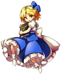 Rule 34 | 1girl, alice margatroid, alice margatroid (pc-98), baba (baba seimaijo), blonde hair, blue bow, blue skirt, blush, bobby socks, book, hugging book, bow, frilled skirt, frills, full body, grimoire of alice, hair bow, highres, holding, holding book, looking at viewer, hugging object, open mouth, puffy short sleeves, puffy sleeves, short sleeves, skirt, socks, solo, suspender skirt, suspenders, touhou, touhou (pc-98), transparent background, yellow eyes