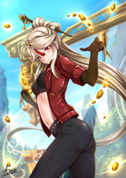 Rule 34 | 1girl, adsouto, alternate costume, ass, blush, breasts, claws, cropped jacket, elbow gloves, from below, genshin impact, gloves, hair ornament, hairpin, highres, long hair, looking at viewer, ningguang (genshin impact), pants, red eyes, shiny clothes, shiny skin, silver hair, smile, solo, strapless, tight clothes, tight pants, tube top, very long hair