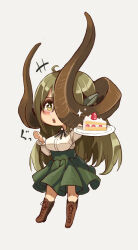 Rule 34 | +++, 159cm, 1girl, :o, ahoge, asymmetrical horns, boots, brown footwear, cake, cake slice, chibi, curled horns, food, glan (159cm), green hair, green ribbon, green skirt, highres, holding, holding plate, horns, huge horns, long hair, long sleeves, looking at viewer, neck ribbon, original, plate, ribbon, shirt, simple background, skirt, solo, uneven horns, white background, white shirt